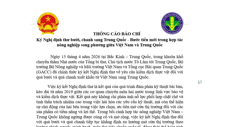 Ký Nghị định thư bưởi, chanh sang Trung Quốc - Bước tiến mới trong hợp tác nông nghiệp song phương giữa Việt Nam và Trung Quốc